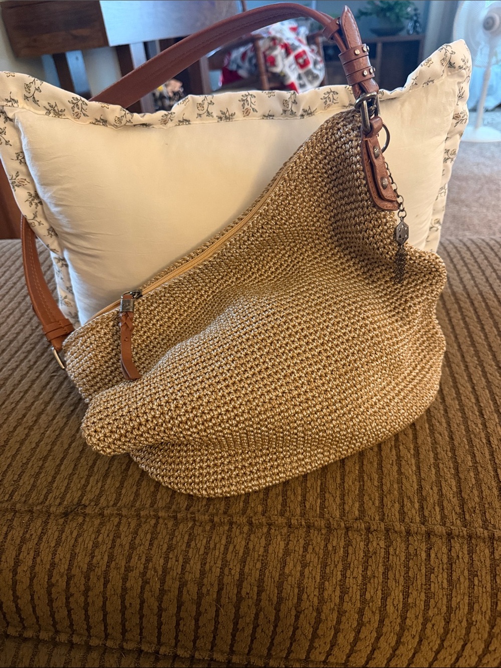 The Sak Woven Lined Hobo Bag in Tan with Brown Leather Trim